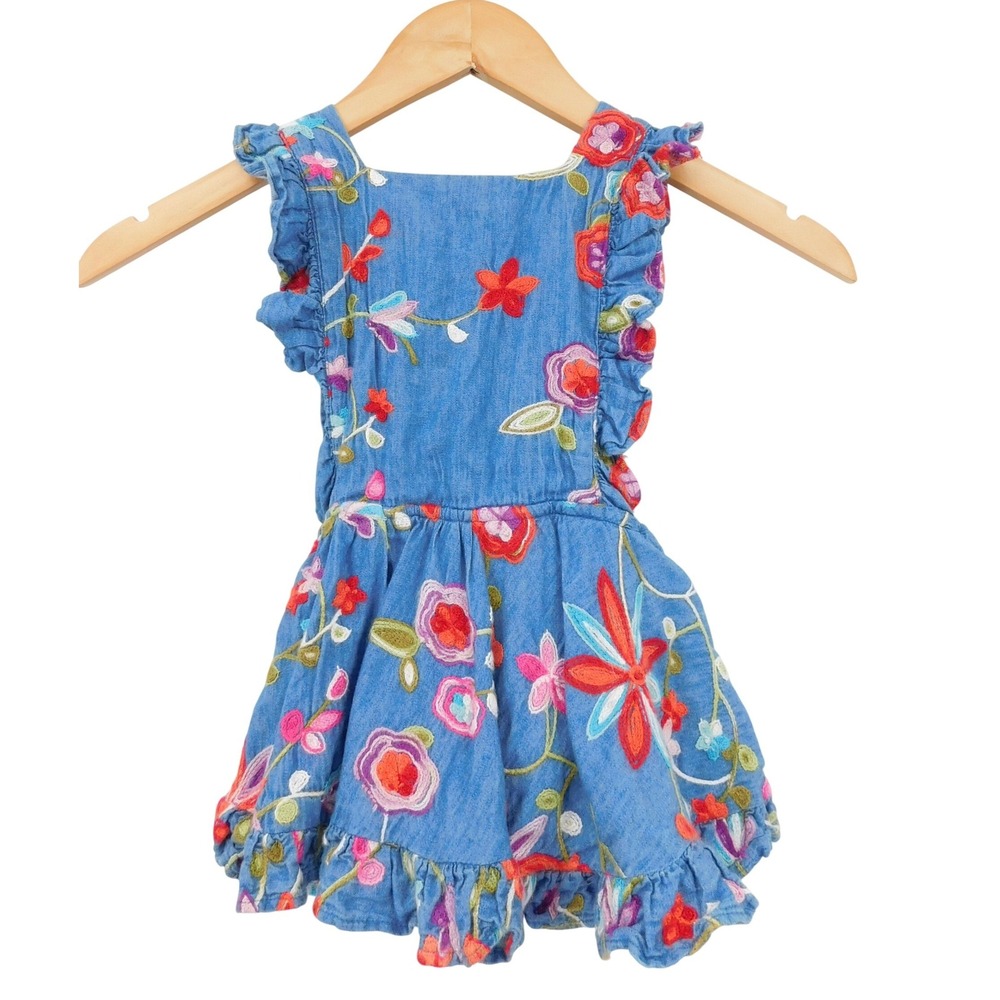 Numi Kids‎ Blue Denim Floral Embroidered Ruffle Pinafore Dress Size 3T